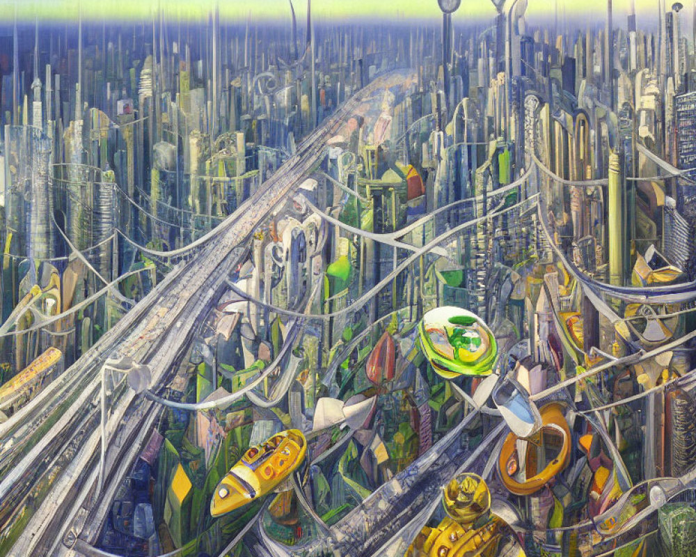 Detailed futuristic cityscape with intersecting roads and flying vehicles under a hazy sky