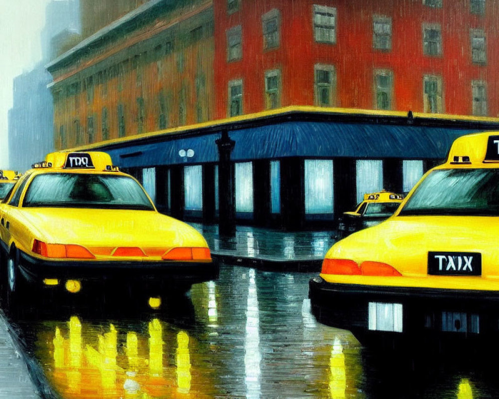 Rainy city street with yellow taxis and wet pavements reflecting subdued colors