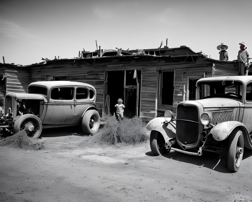 Monochrome vintage cars, child, and horseback riders in rustic setting