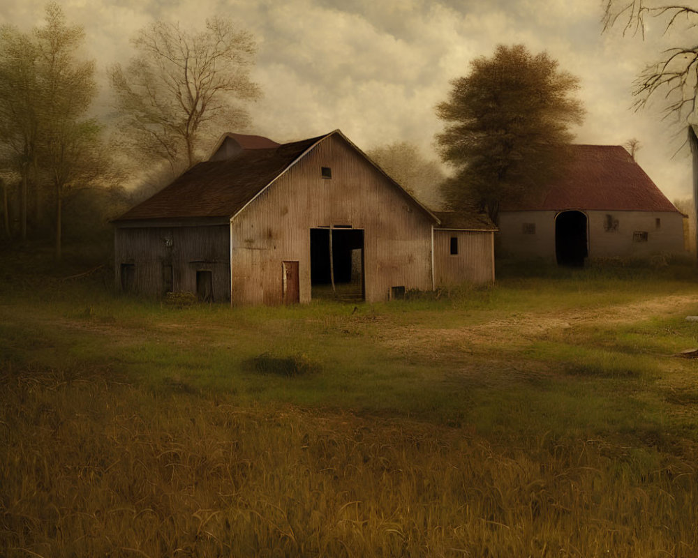 Rustic barns in tall grass with foggy, tree backdrop