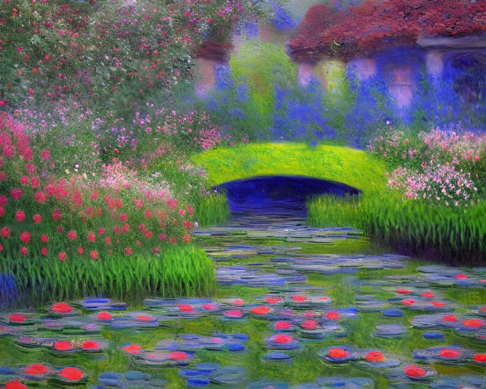 Tranquil pond with water lilies, arched bridge, and colorful flowers in impressionist style