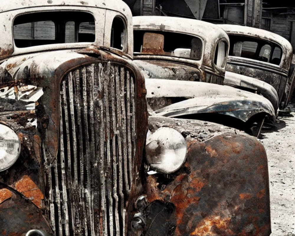 Abandoned vintage rusty cars in a derelict warehouse