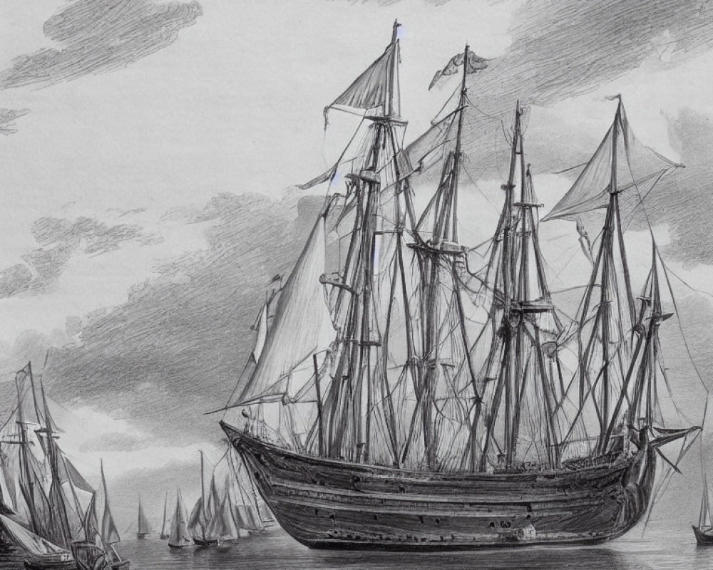 Detailed pencil sketch of majestic tall ship with multiple masts and sails, surrounded by smaller vessels and cloud