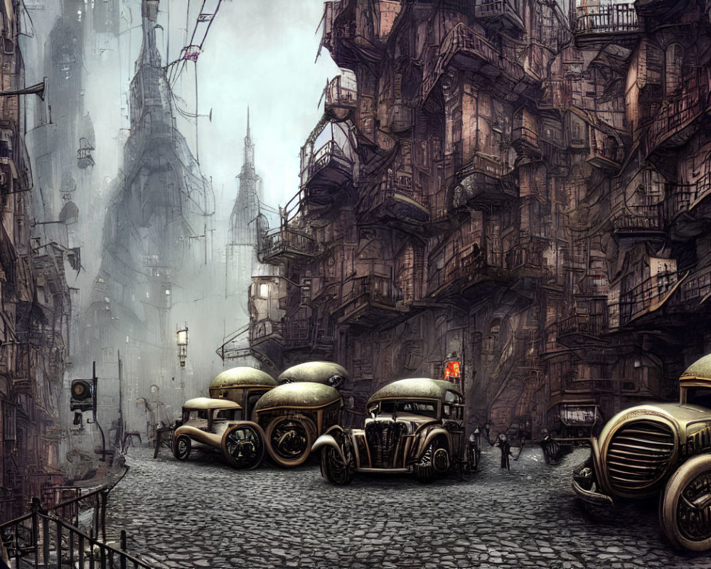 Futuristic city street with retro cars and towering cluttered buildings in a hazy sepia-ton