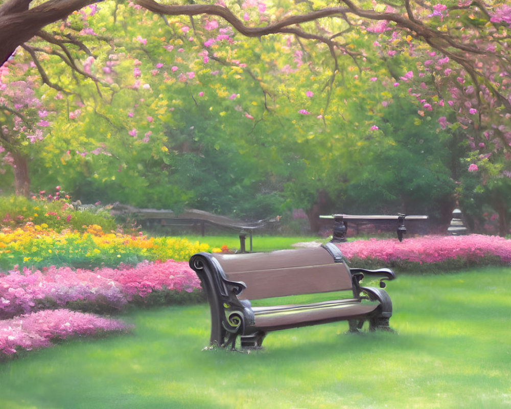 Tranquil Park Scene with Bench, Pink Trees, and Flower Beds