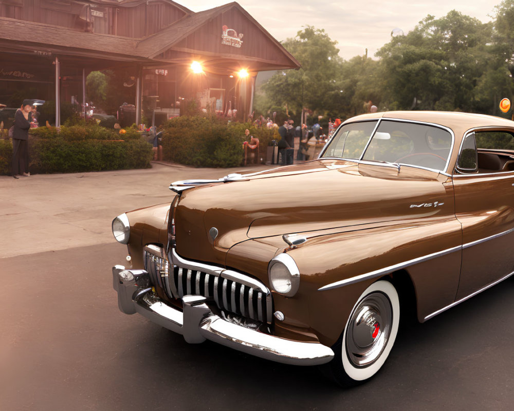 Vintage Brown Car Parked Near Dining Establishment with Group of People