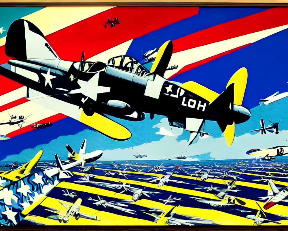 Vibrant WWII fighter planes over naval fleet with bold stripes