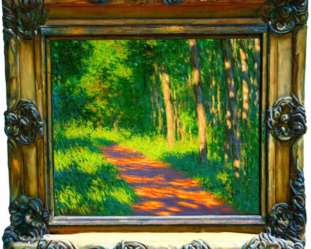 Sun-dappled forest path in ornate golden baroque frame