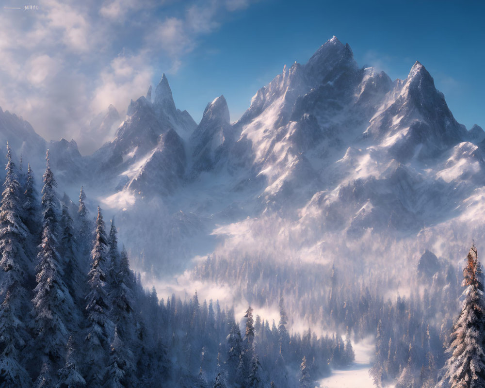 Snowy Mountain Peaks Over Evergreen Forest in Serene Atmosphere