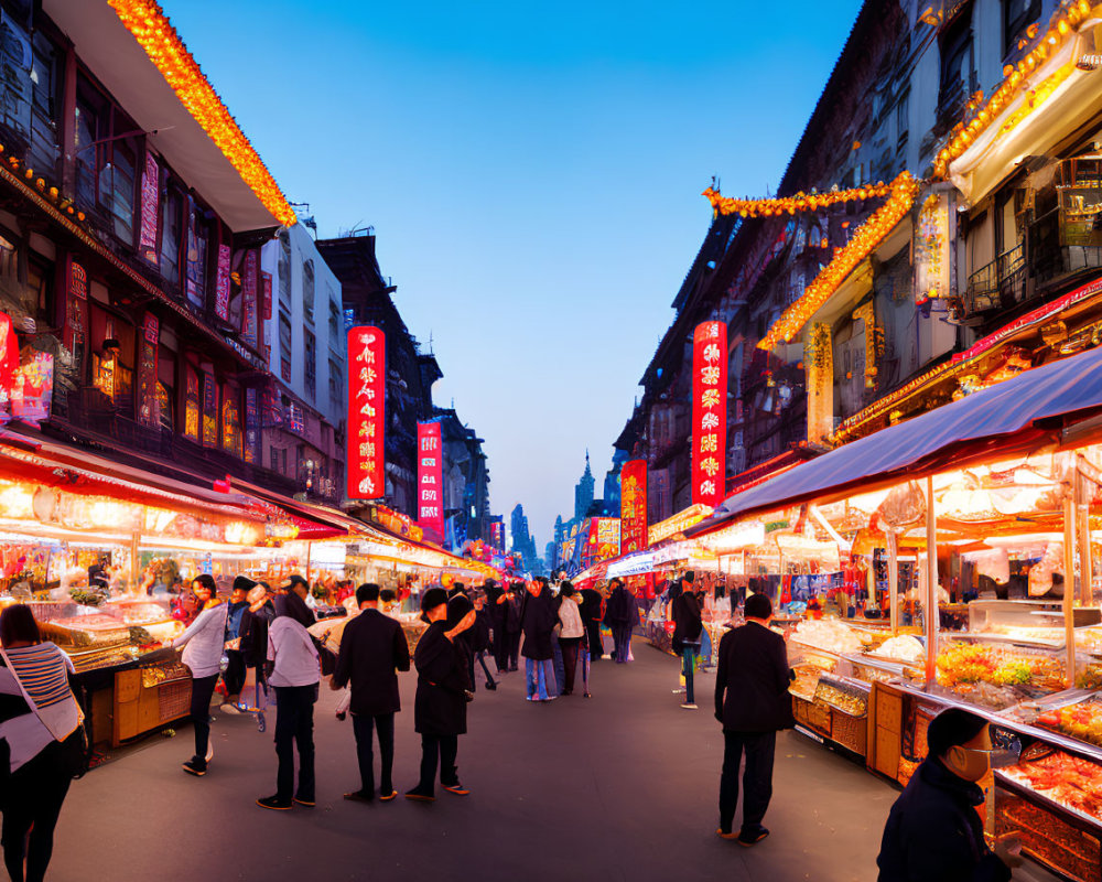 Vibrant Red Lantern-lit Evening Street Market