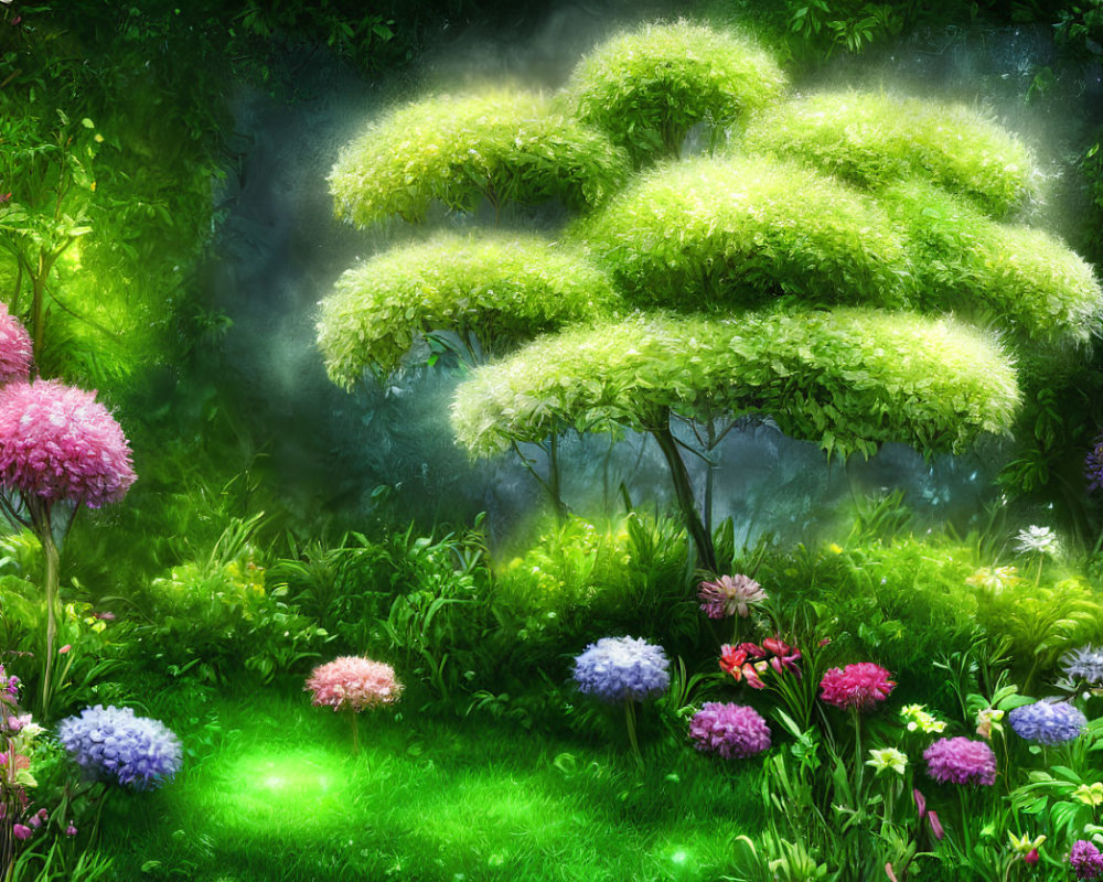 Vibrant green tree and colorful flowers in mystical garden setting