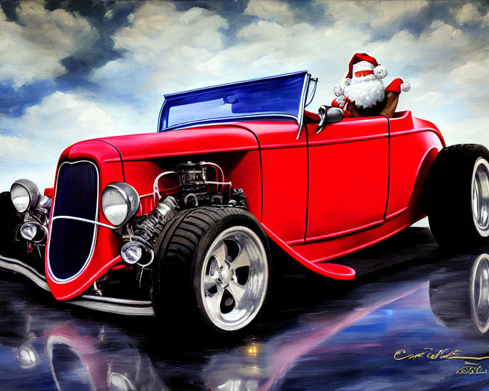 Santa Claus in classic red hot rod on wet surface with glossy reflection under blue sky.