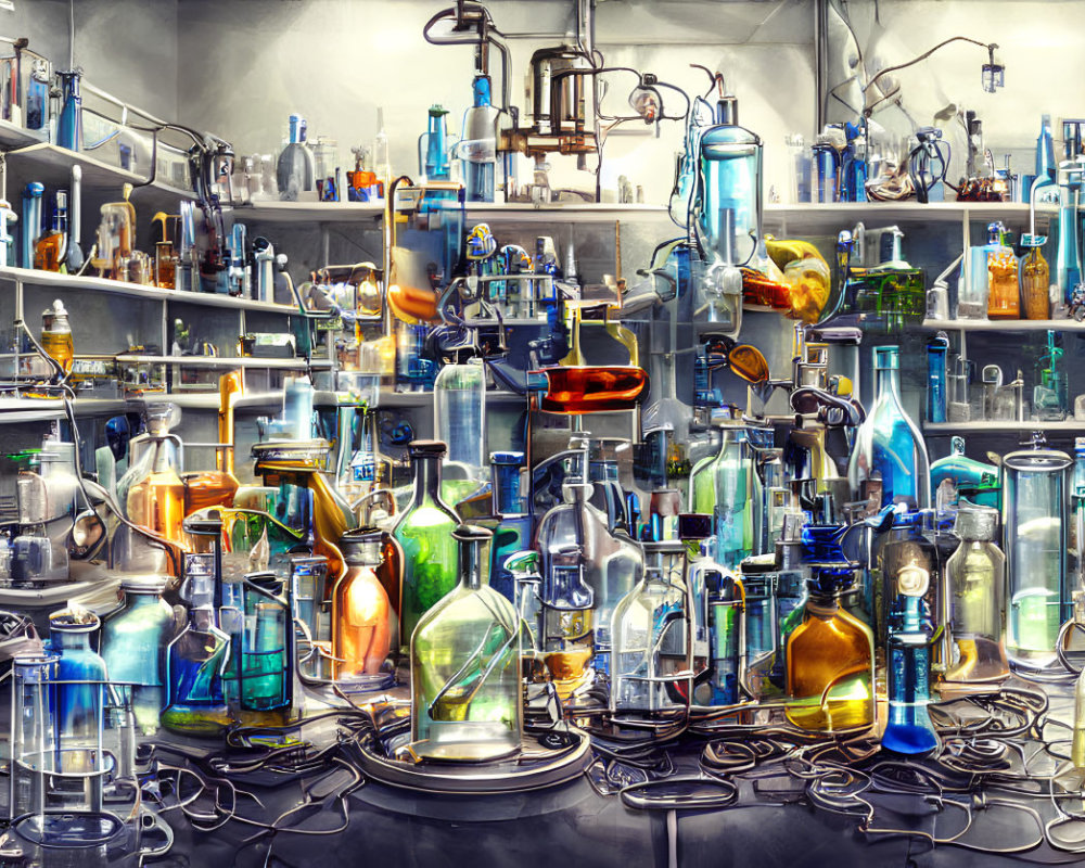 Colorful Chemistry Lab with Assorted Glassware and Tubes