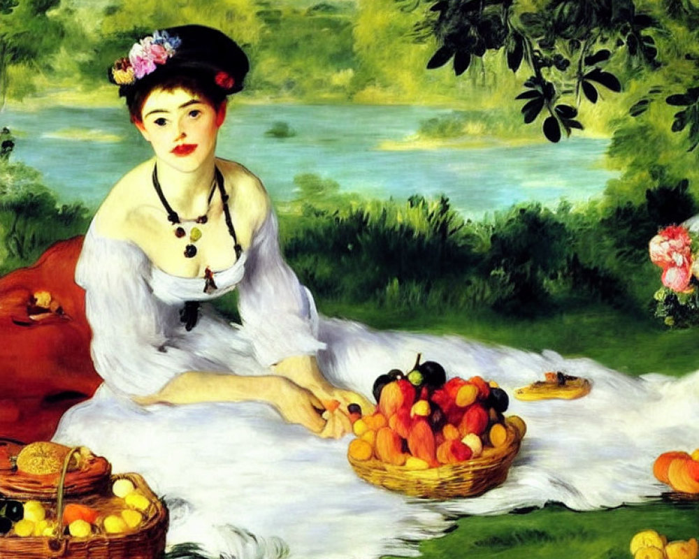 Woman in White Dress with Flower Hat Relaxing by River with Fruits and Greenery