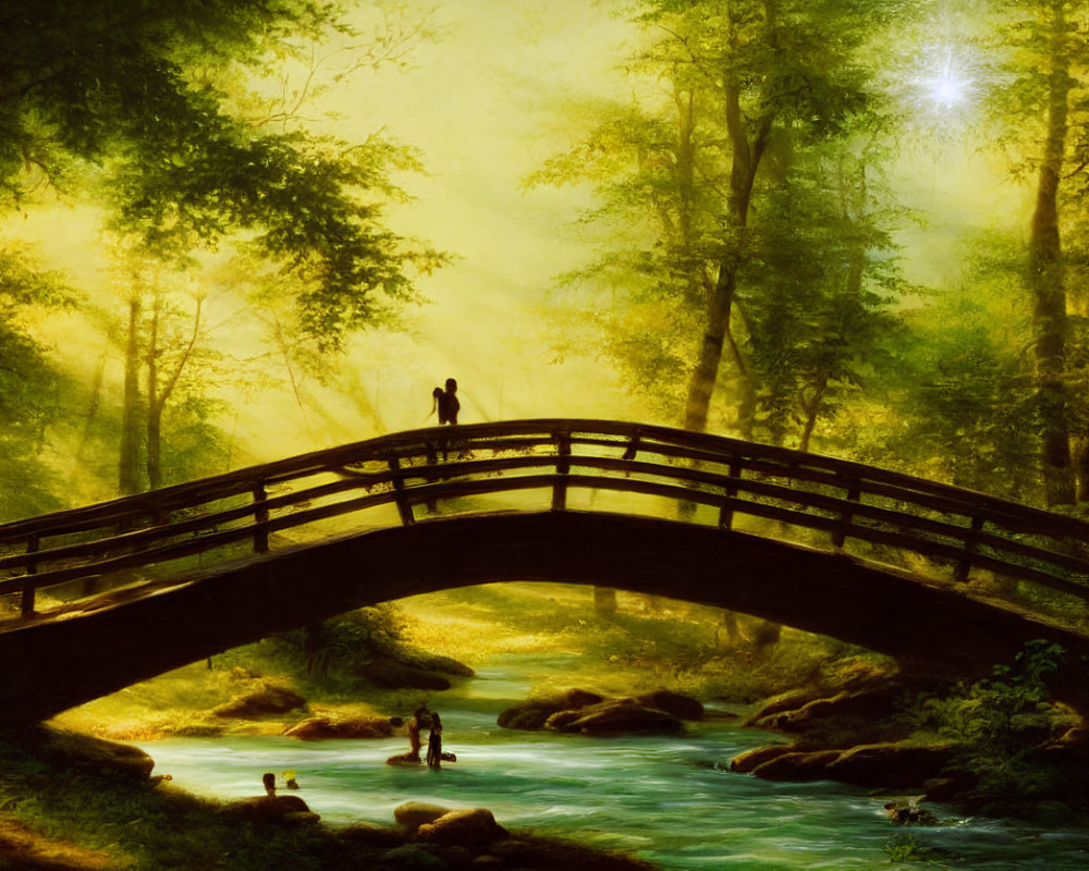 Tranquil landscape with person on arched bridge over stream