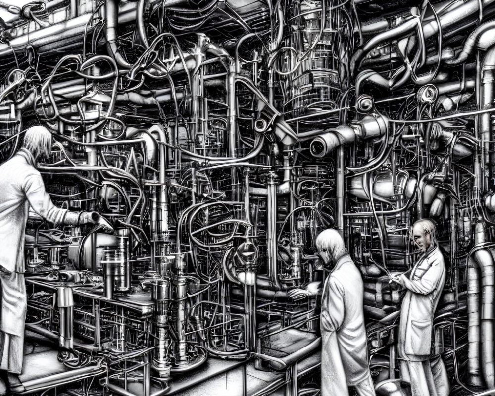 Grayscale illustration of three figures in lab coats in complex industrial setting