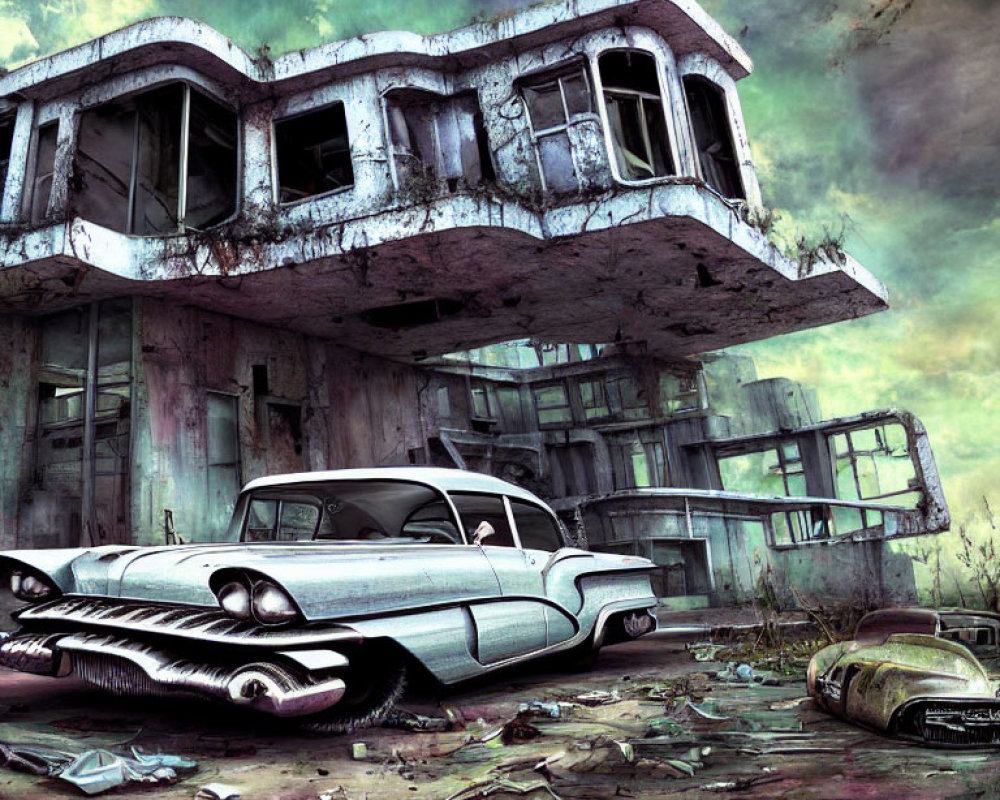 Vintage car parked by abandoned dystopian building under stormy sky