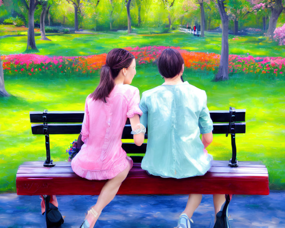 Vibrant flowers and greenery with two people on park bench