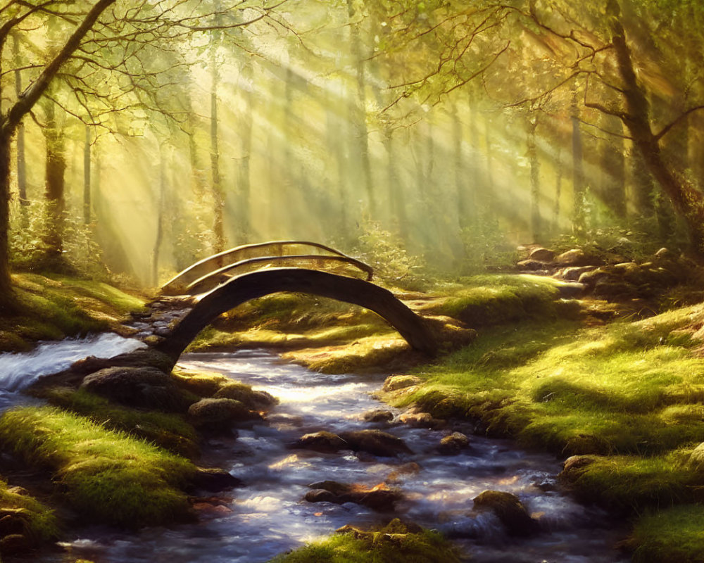 Forest scene: Sunbeams through trees, mossy floor, wooden bridge, stream.