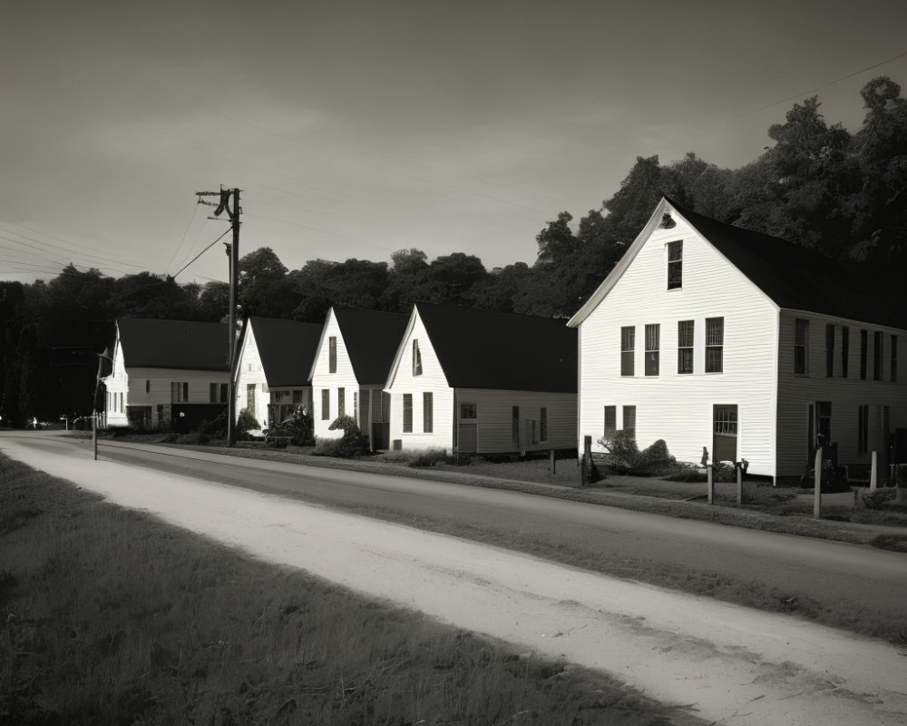 Monochrome photo of quiet street with pointed roofs and shadow