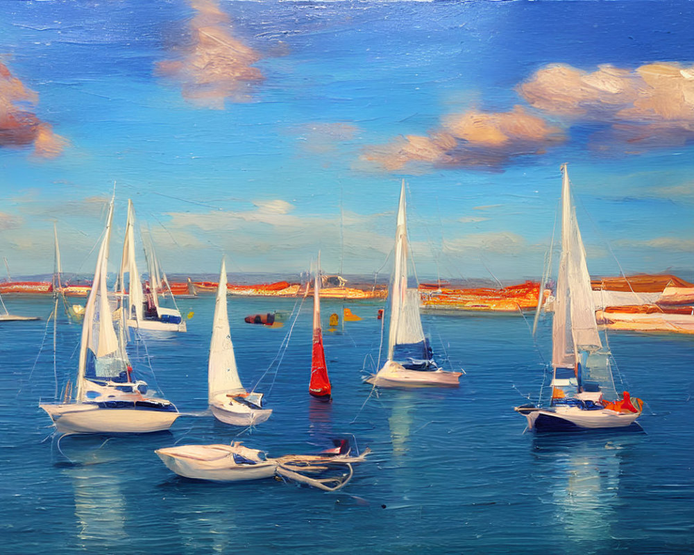 Sailboats Painting: Bright Blue Sea with Fluffy Clouds