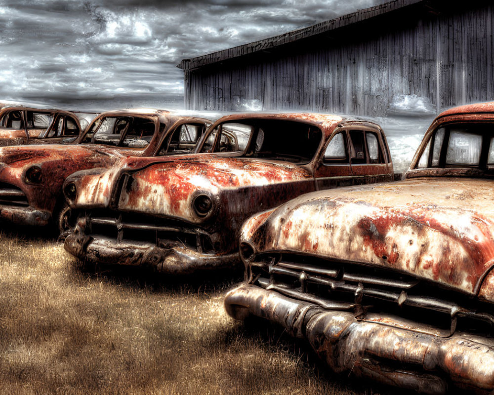 Abandoned vintage cars in field under overcast skies