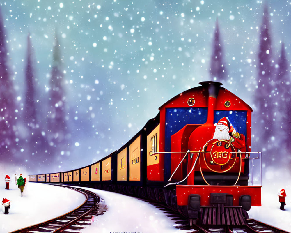 Red Holiday Train with Santa in Snowy Landscape