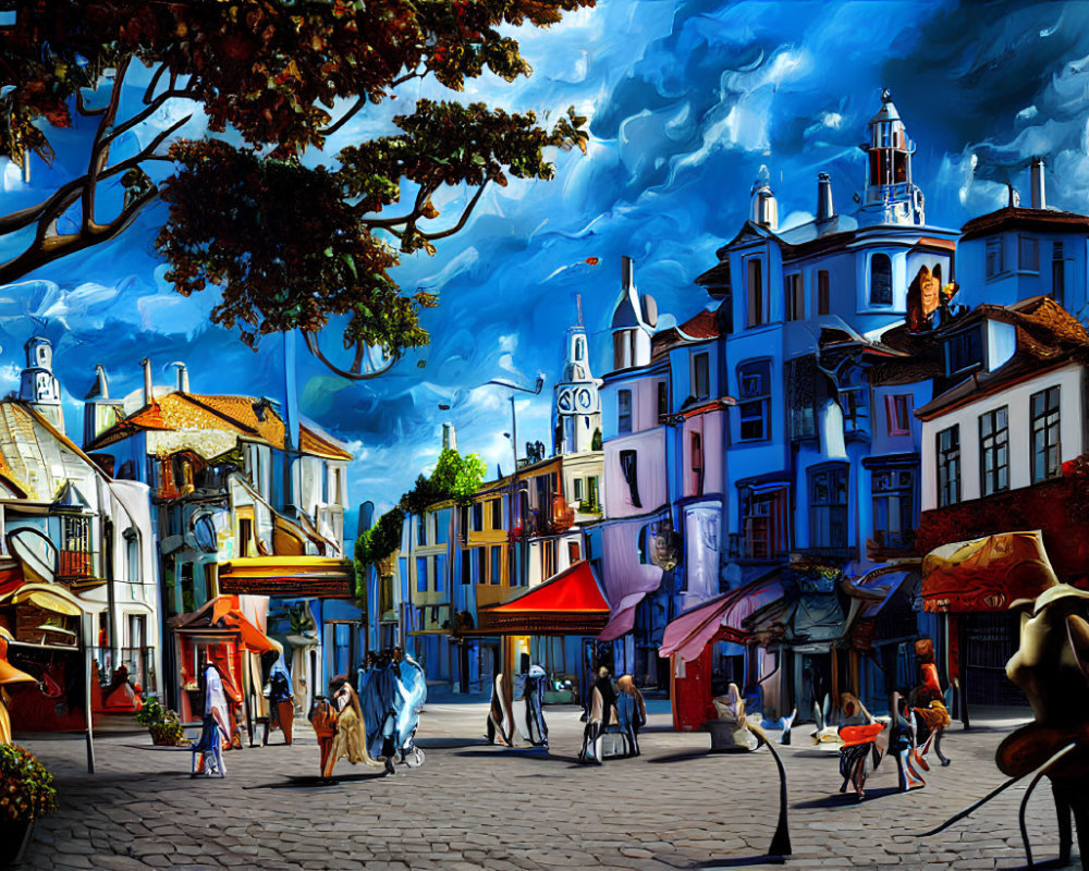 Colorful street scene with people, cafes, and lush trees under blue sky