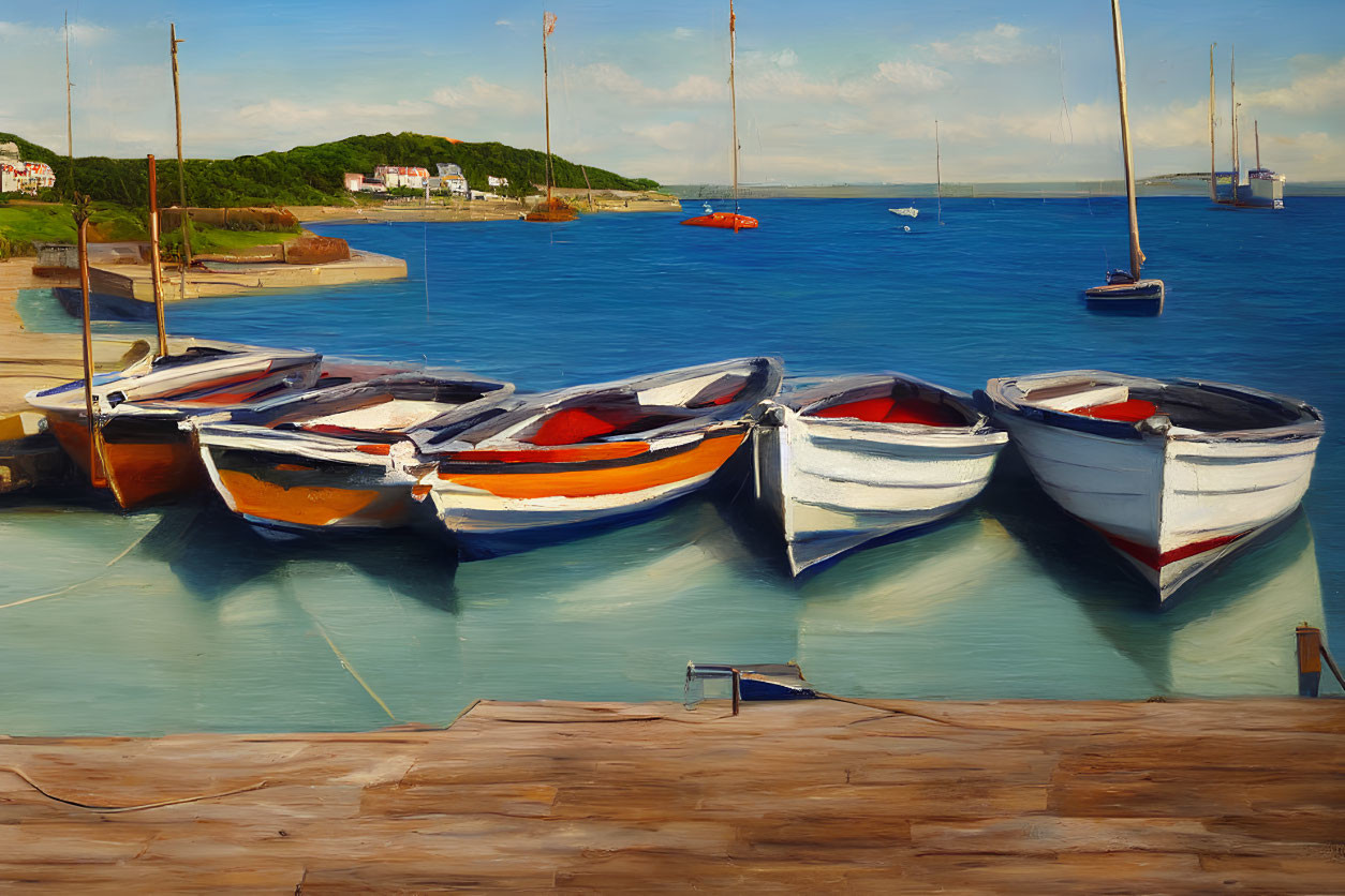 Rowboats and sailboats at wooden dock on calm sea with cloudy sky