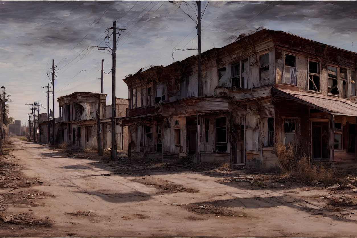 Deserted street with crumbling buildings and broken windows