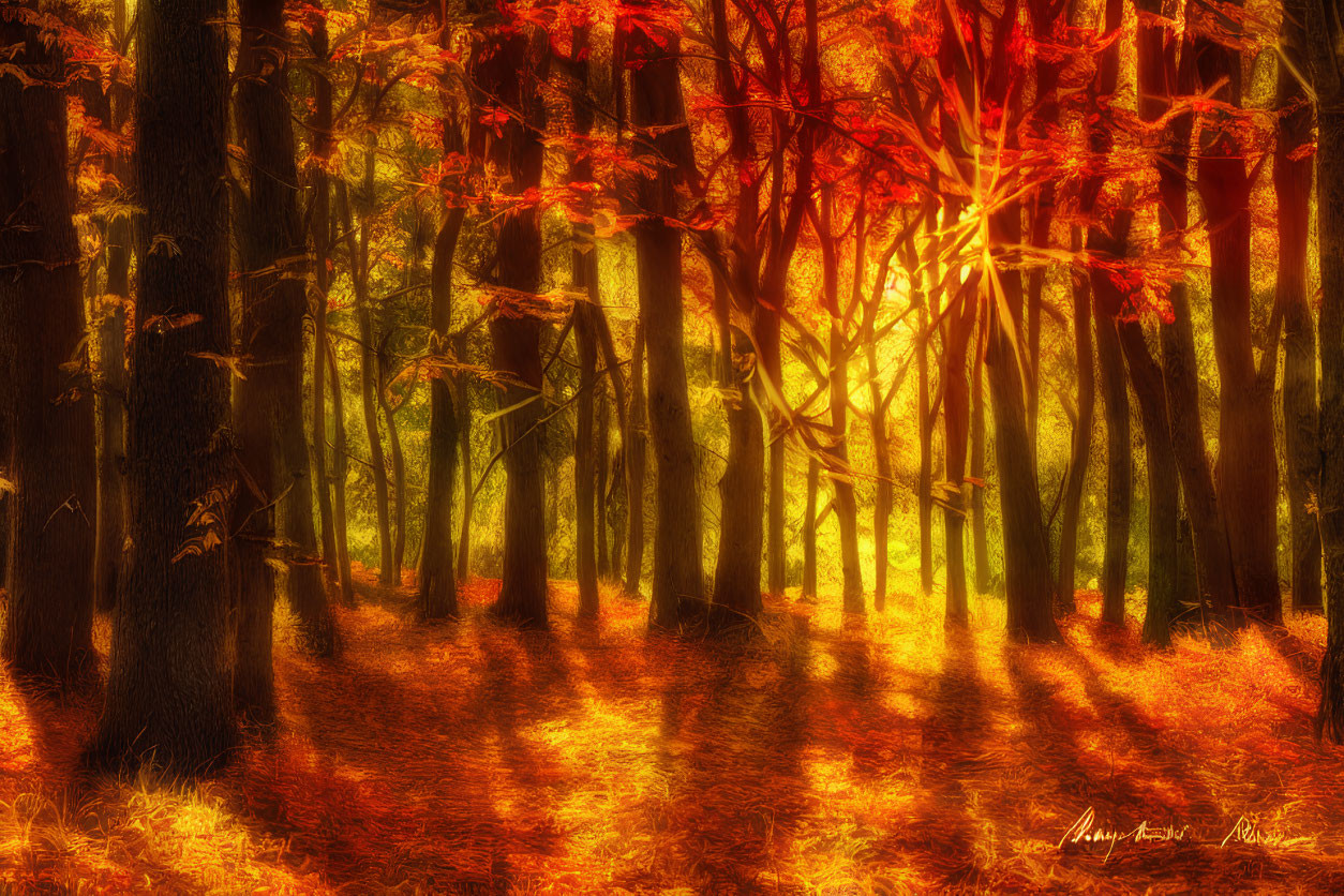 Lush Forest with Sunlight and Autumn Leaves