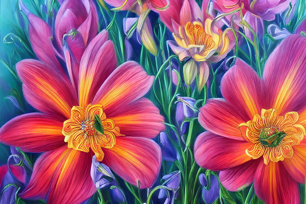 Colorful painting of pink and orange flowers with purple background