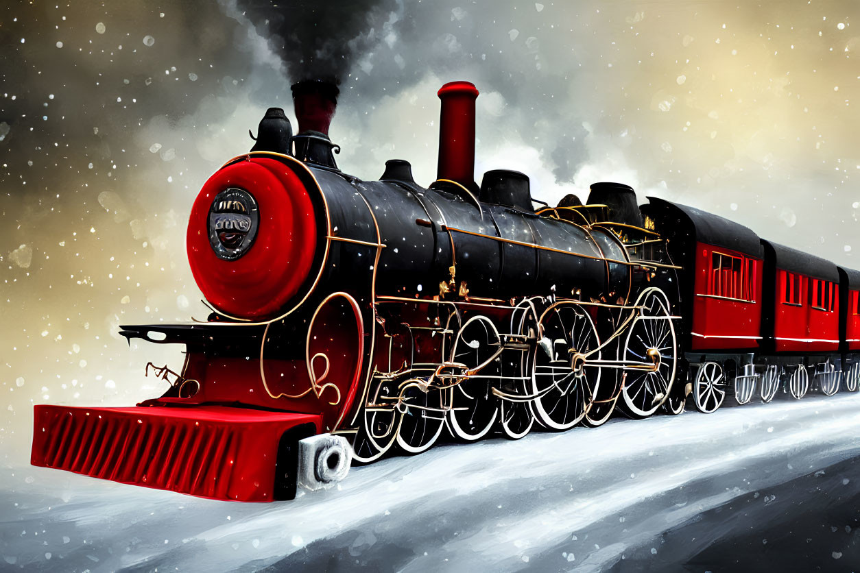 Vintage steam locomotive with red accents in snowy landscape