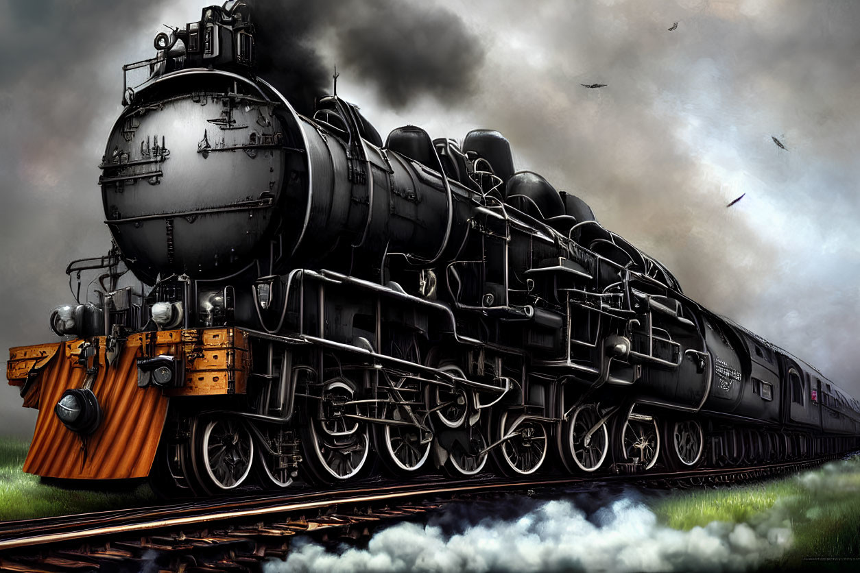 Detailed illustration of classic black steam locomotive on tracks with billowing smoke, multiple wheels, cloudy sky