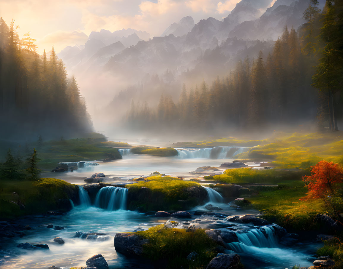 Scenic landscape with cascading river, waterfalls, forests, and mist-covered mountains