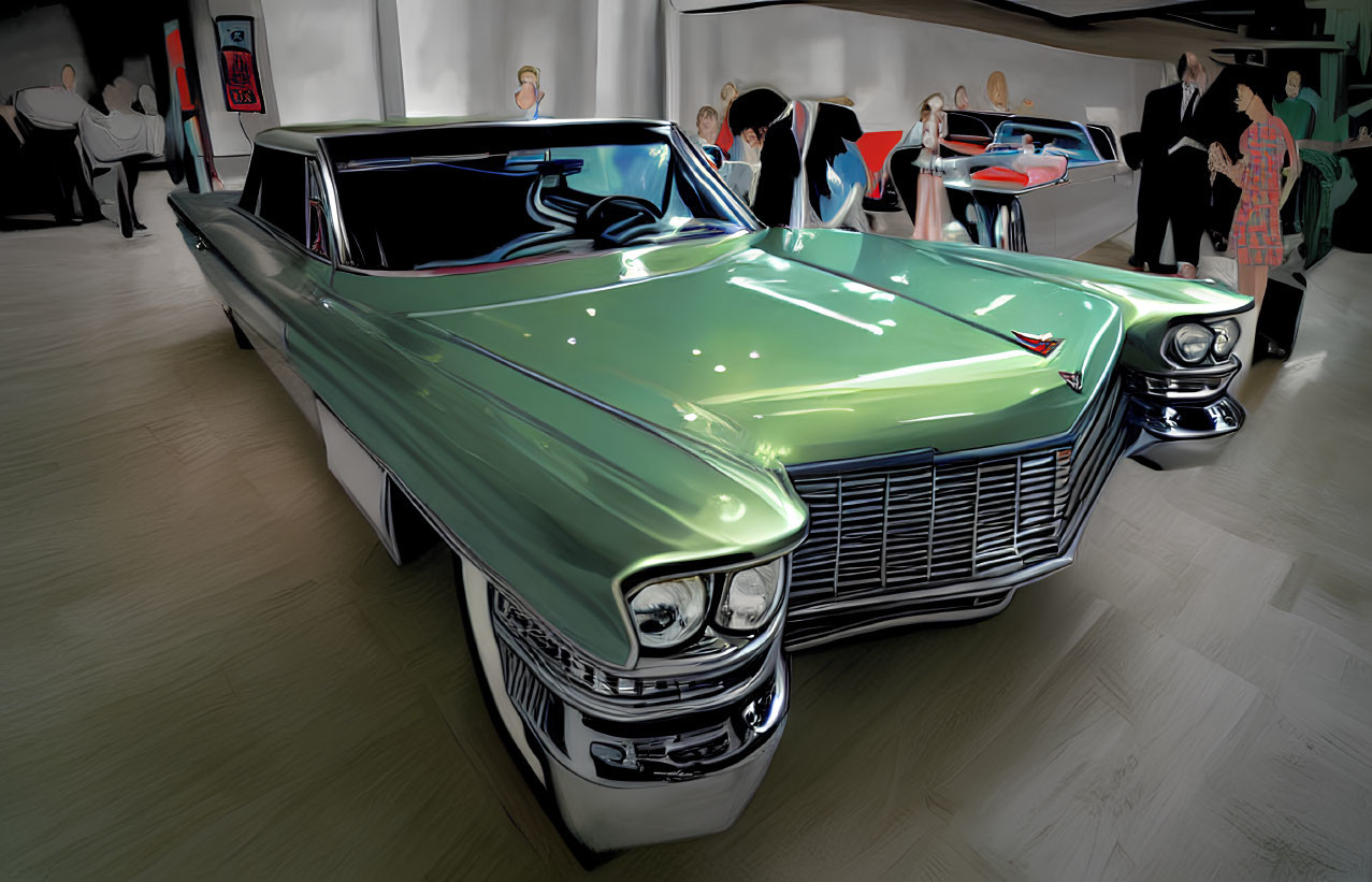 Vintage Green Cadillac Displayed Among Classic Cars in Showroom