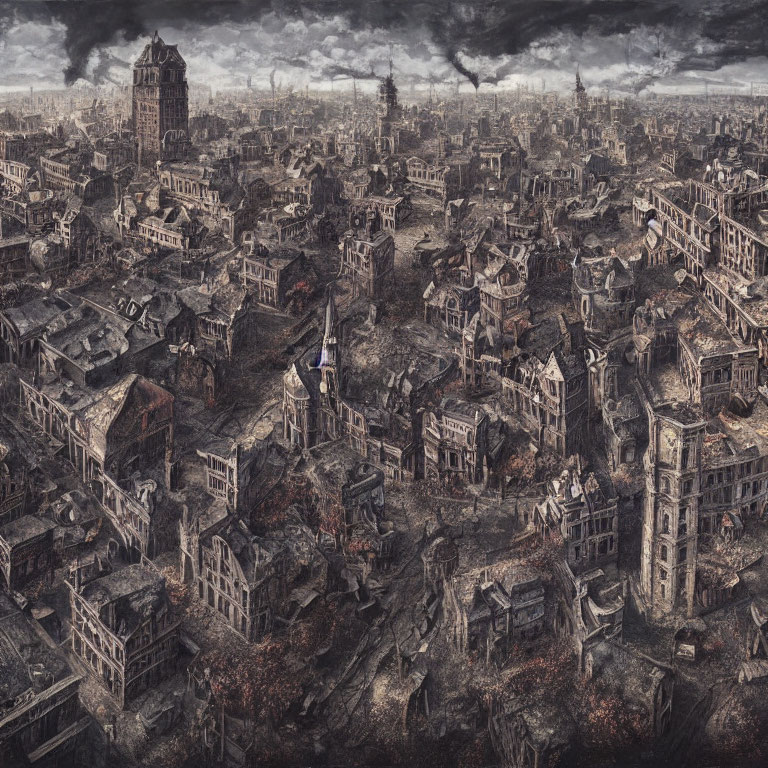 Dystopian cityscape with dilapidated buildings and desolation