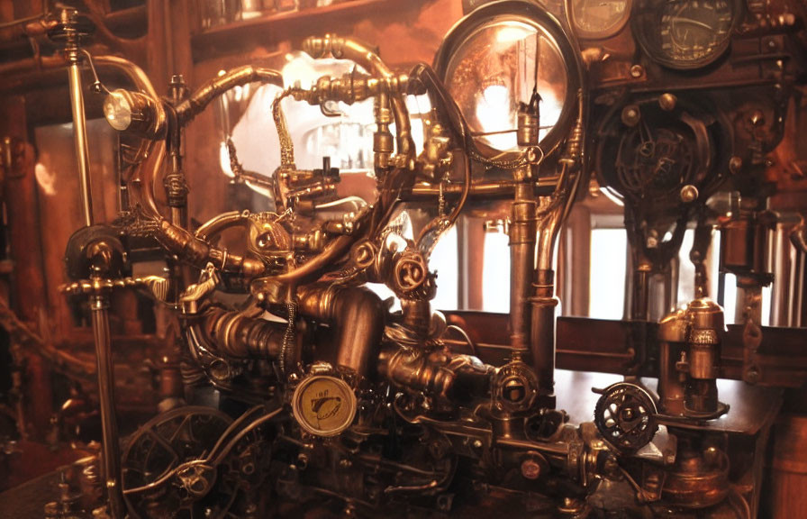 Steampunk styled contraption with pipes, dials, and gauges on vintage machinery.