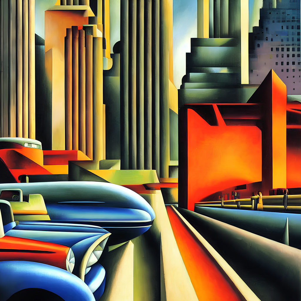 Colorful urban traffic scene with sleek cars and geometric buildings.