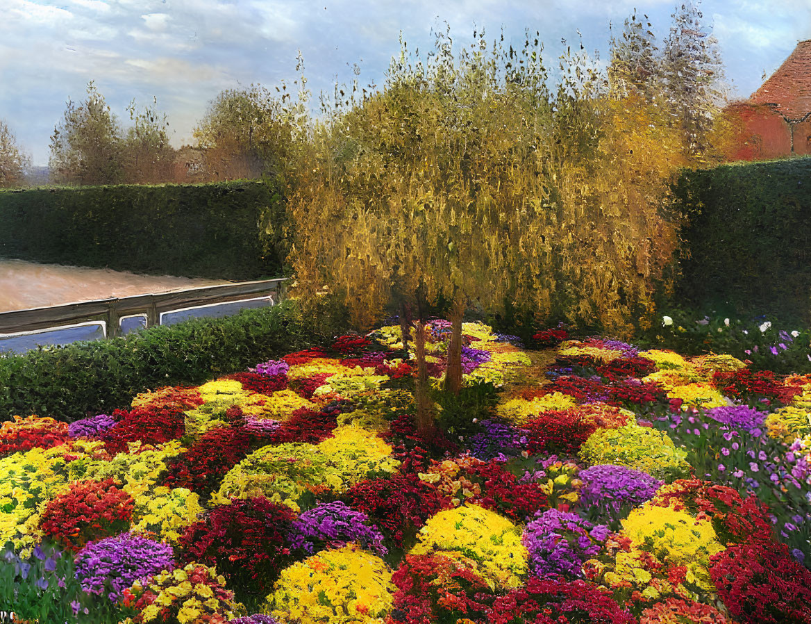 Colorful garden scene with weeping willow and flowers under partly cloudy sky