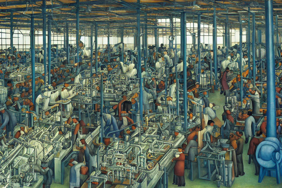 Busy industrial factory scene with workers and machinery under blue structure