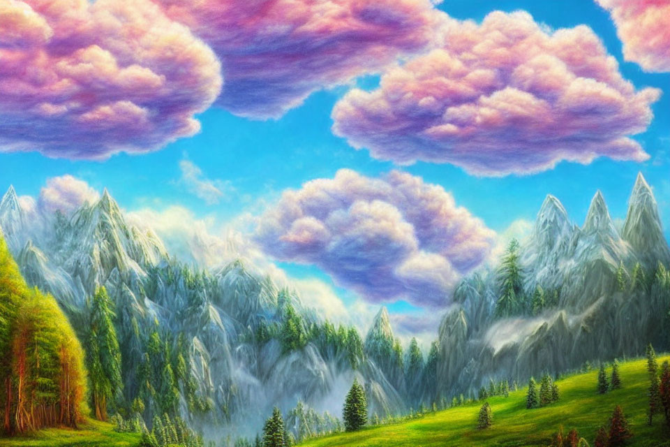 Scenic landscape with greenery, snowy mountains, pink and purple sky