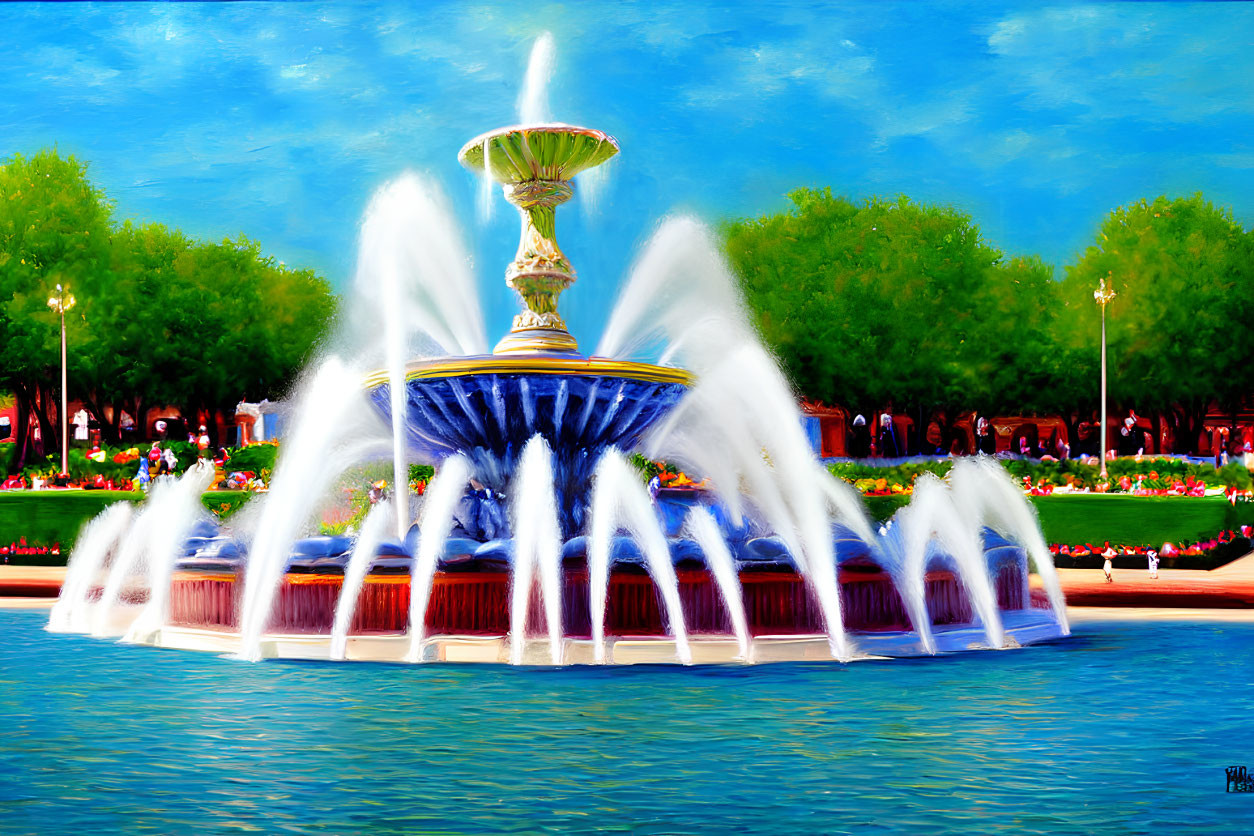 Colorful Water Fountain Painting with Trees and Blue Sky