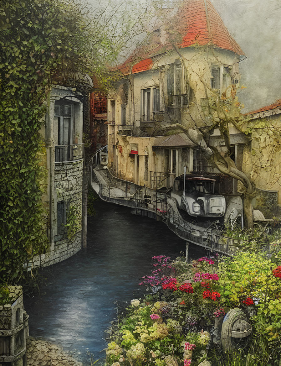 Vintage-style painting of quaint canal with old houses, boat, lush greenery, vibrant flowers