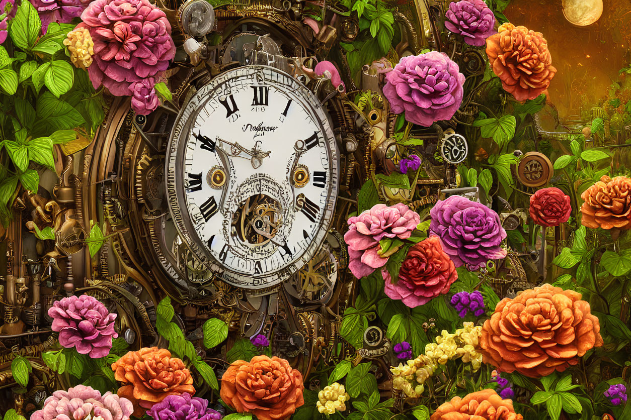 Steampunk clock with flowers, gears, and golden glow.