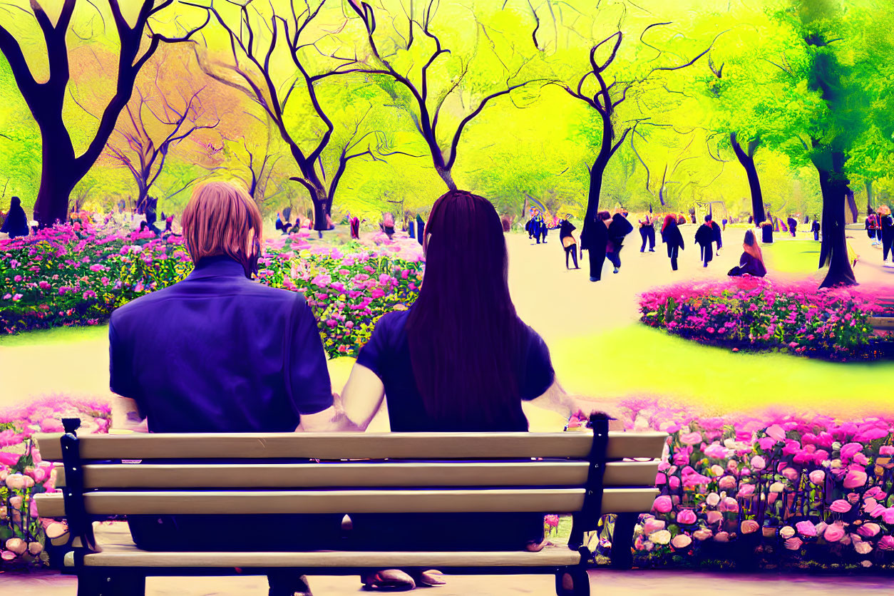 Man and woman on park bench watching people in vibrant, blossoming park