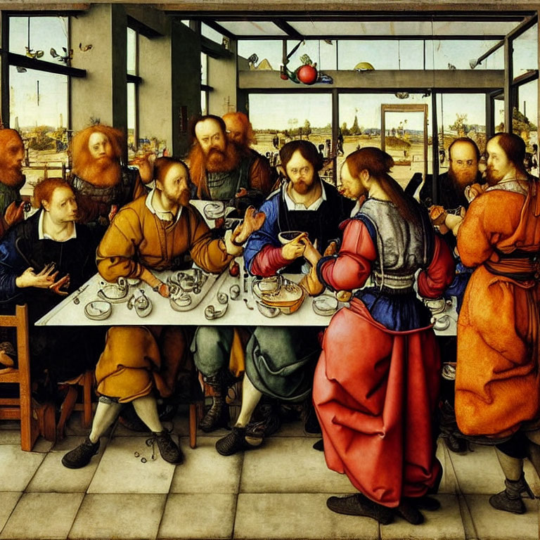 Renaissance painting of men dining in period attire