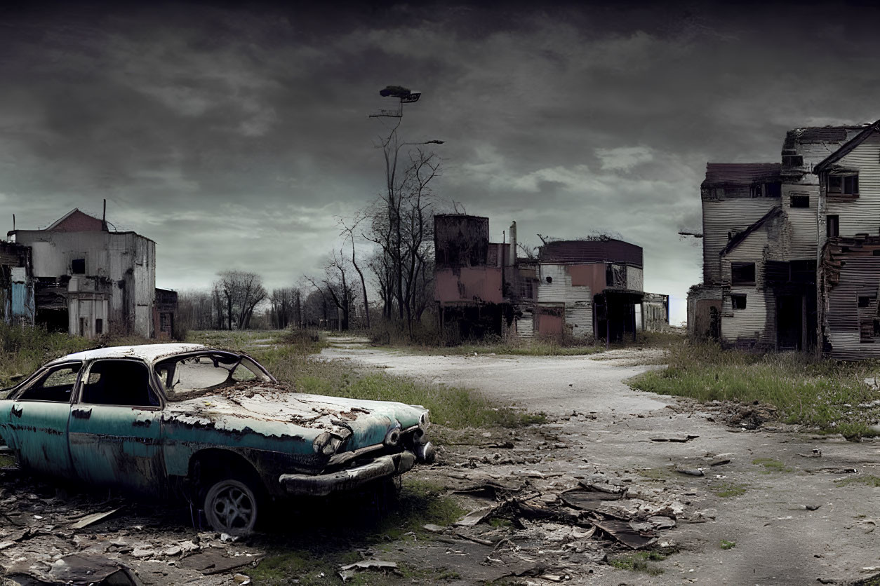 Desolate urban landscape with dilapidated buildings and abandoned car