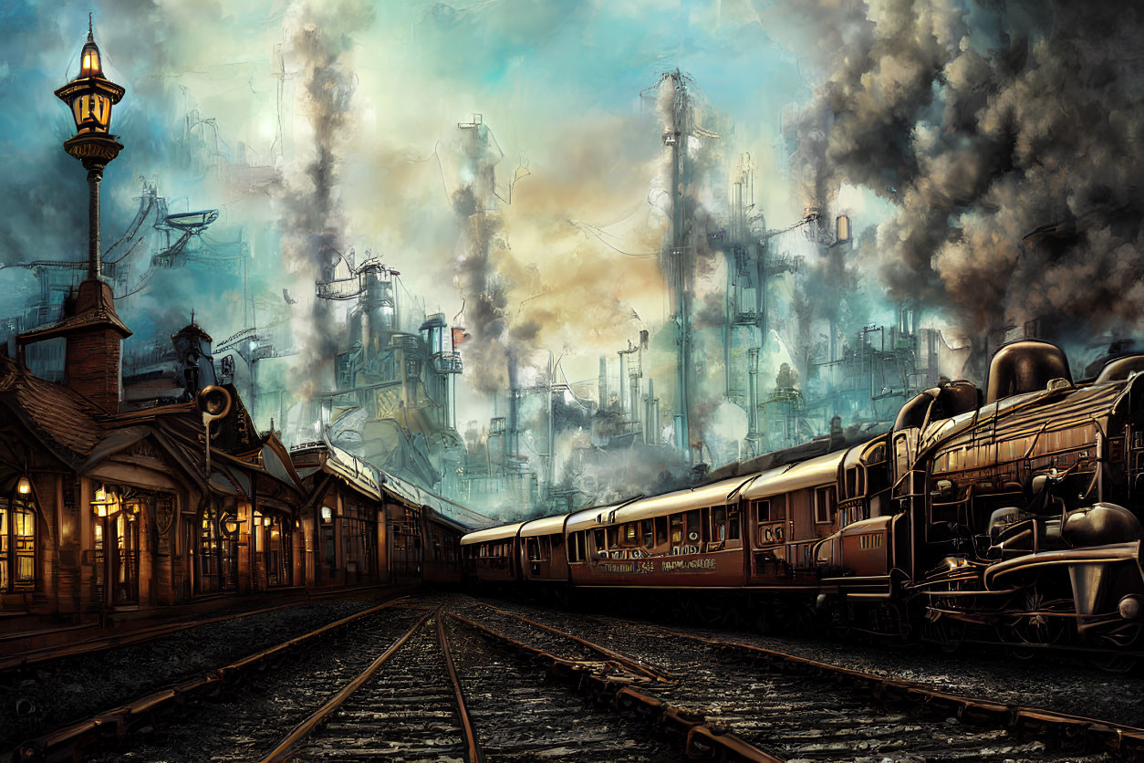 Steam train at station with industrial cityscape and towering structures.