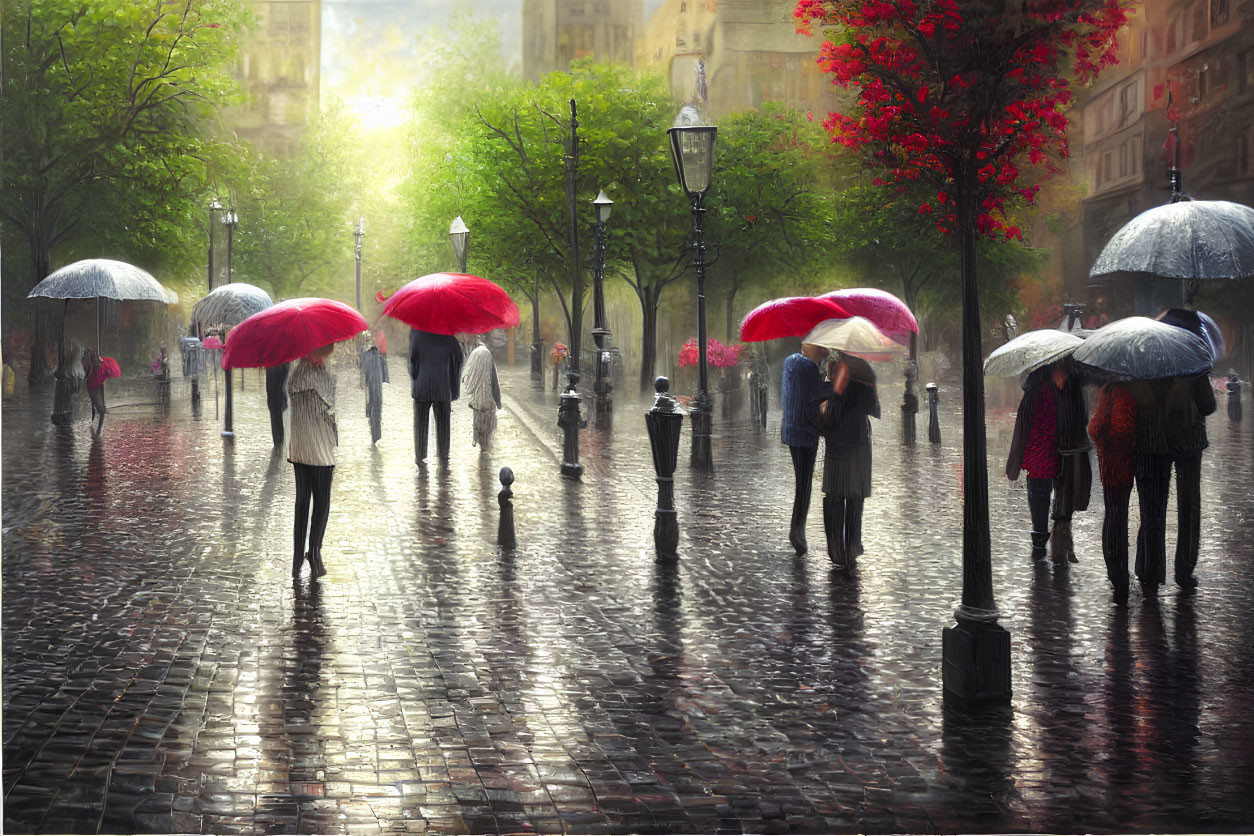 City street scene with people, umbrellas, wet cobblestone, sun rays, tree canopy,